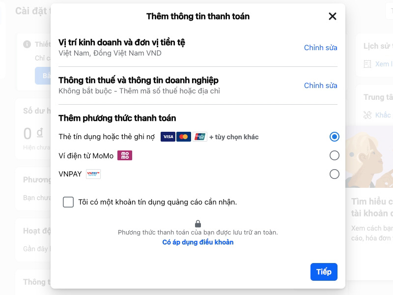 Thêm phương thức thanh toán vào tài khoản quảng cáo Facebook Ads